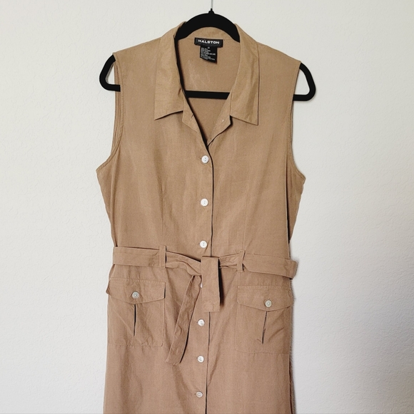 Vintage HASLTON Khaki Sleeveless Button-Down Dress Sz 12 - Picture 3 of 13